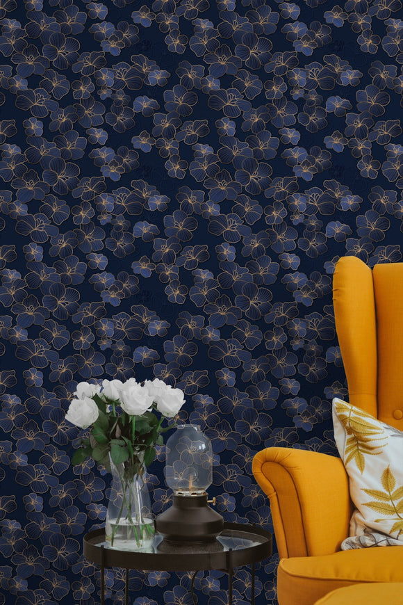 Golden Small Flowers Blue Background Wallpaper