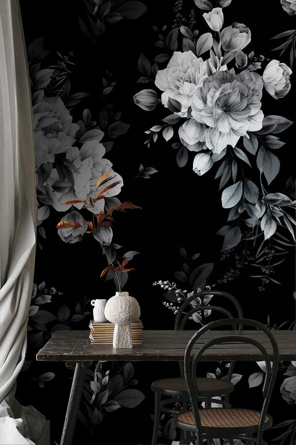 White Flowers on Black Background Wallpaper