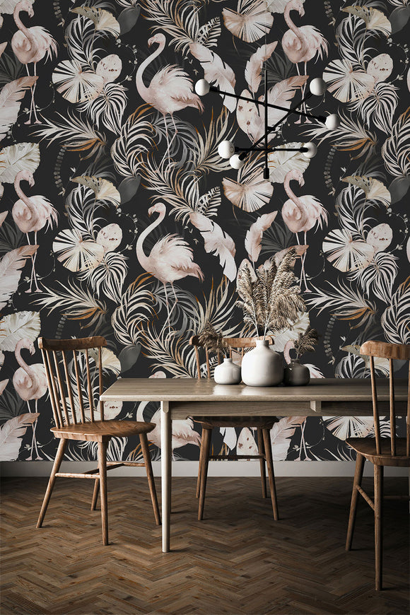 Flamingos and Palm Leaves Wallpaper