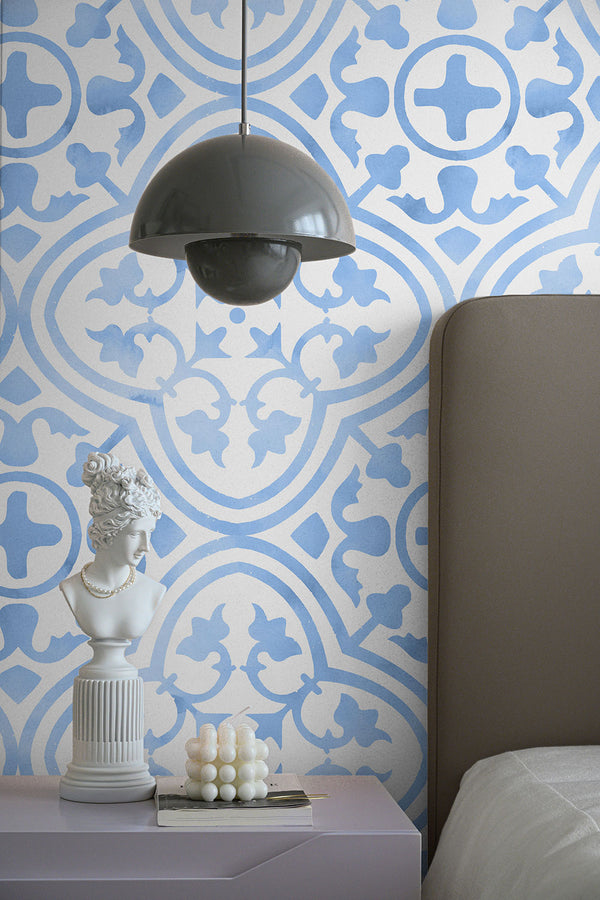 Blue & White Tile Repeat Pattern Wallpaper