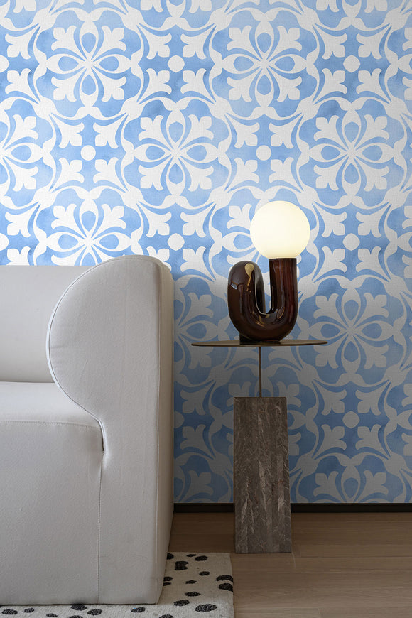 White & Blue Tile Repeat Pattern Wallpaper