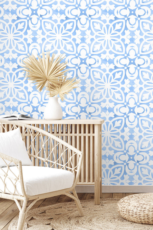 Blue Snowflake Tiles Repeat Pattern Wallpaper