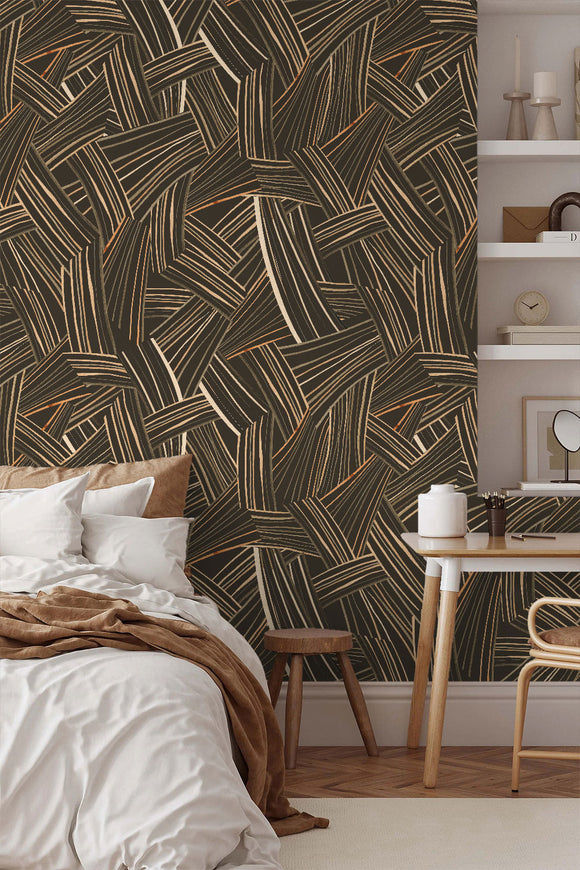 Dark Warm Brown Line Art Repeat Pattern Wallpaper