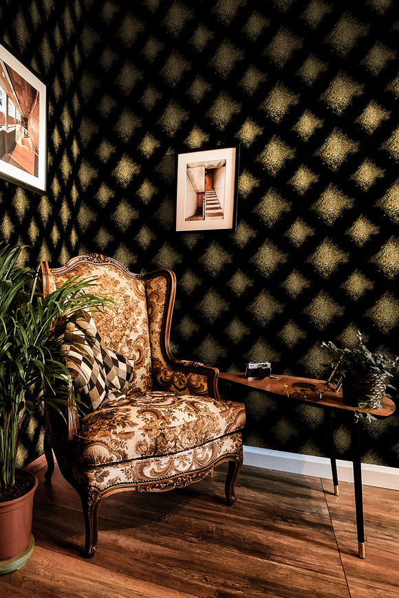 Yellow Rhombuses on Black Repeat Pattern Wallpaper