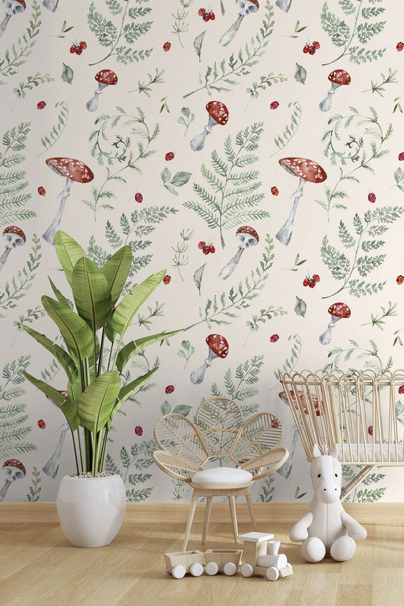 Mushrooms & Leaves on Beige Repeat Pattern Wallpaper