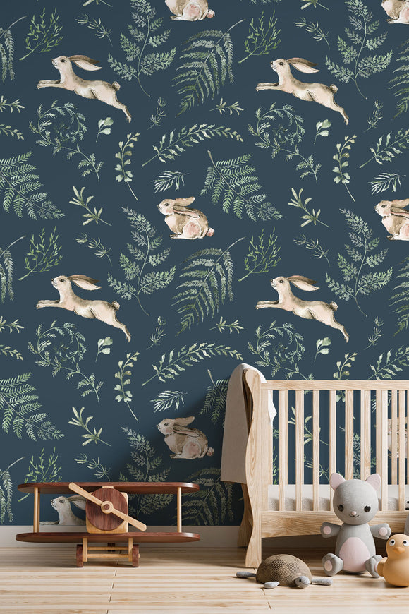 Watercolor Fern Woodland & Bunny Repeat Pattern Wallpaper