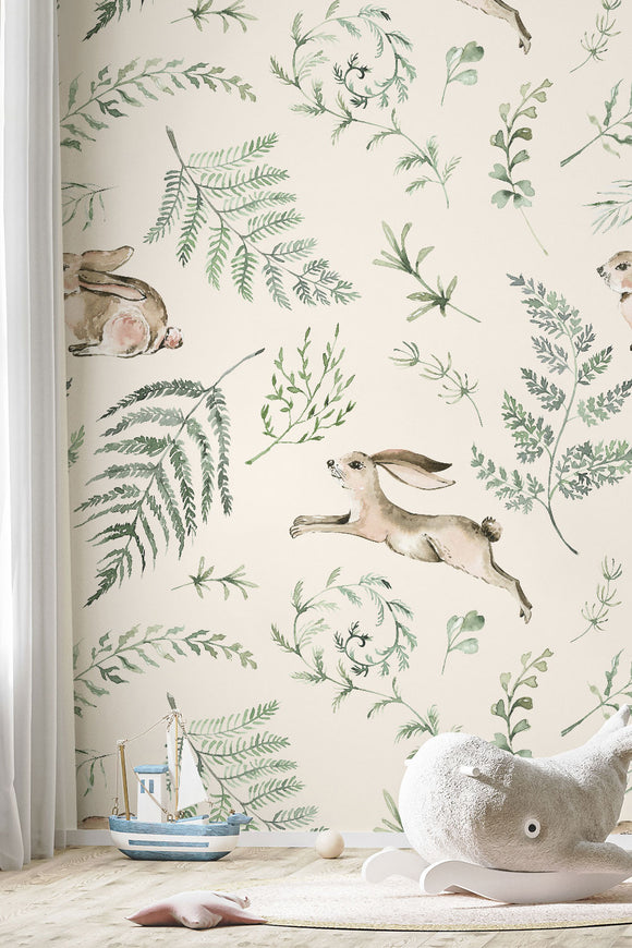 Bunny & Fern Woodland Repeat Pattern Wallpaper