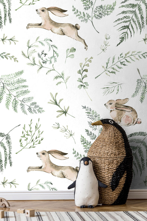 Fern & Bunny Repeat Pattern Wallpaper