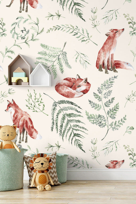 Red Fox & Fern Repeat Pattern Wallpaper