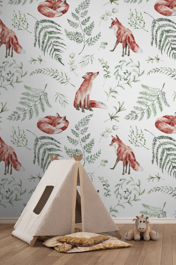 Red Fox & Fern Woodland Repeat Pattern Wallpaper
