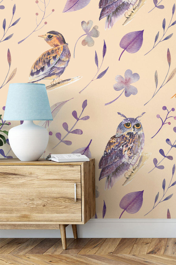Purple Birds & Leaves Repeat Pattern Wallpaper