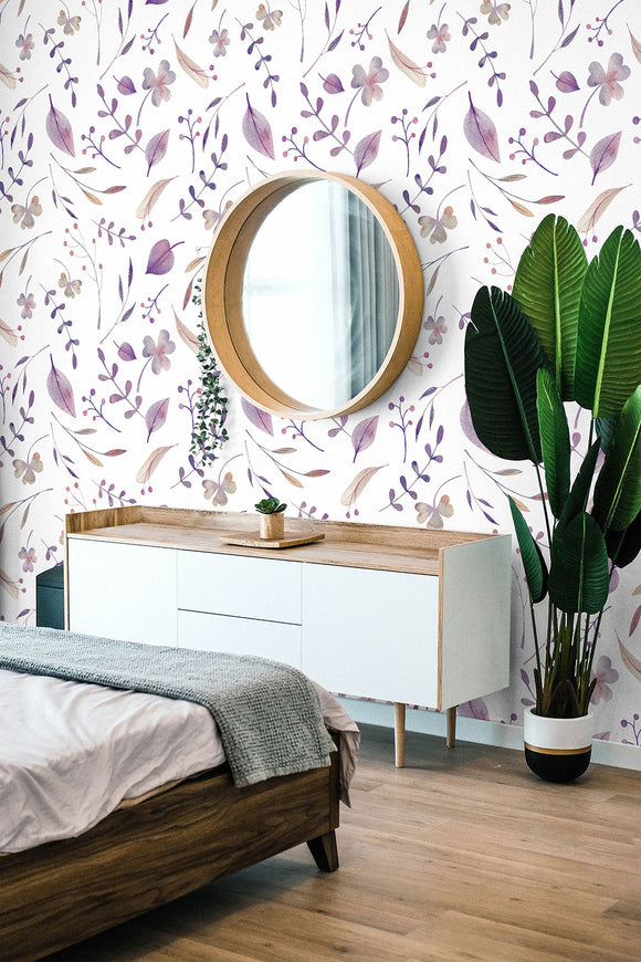 Watercolor Purple Leaves Repeat Pattern Wallpaper