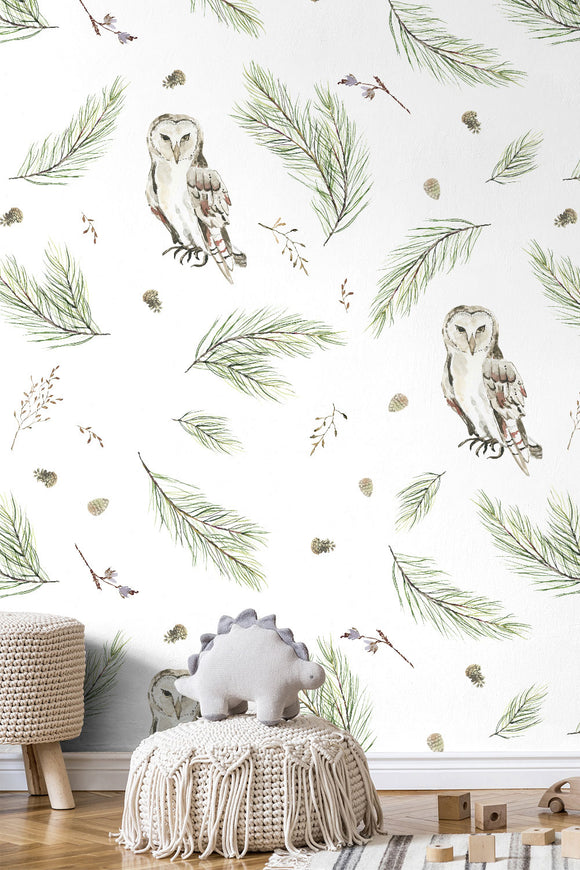 Pine Branch & Owl Repeat Pattern Wallpaper