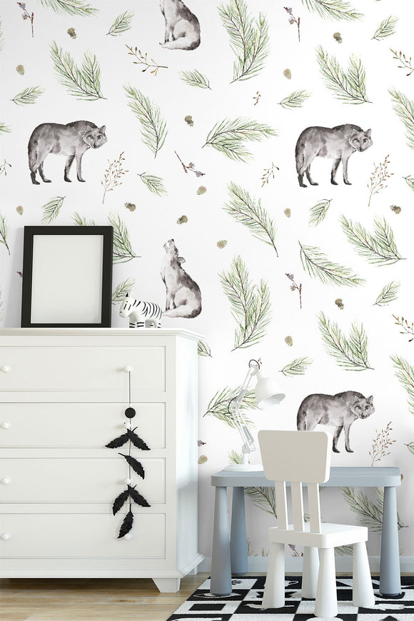Wolf & Pine Branch Repeat Pattern Wallpaper