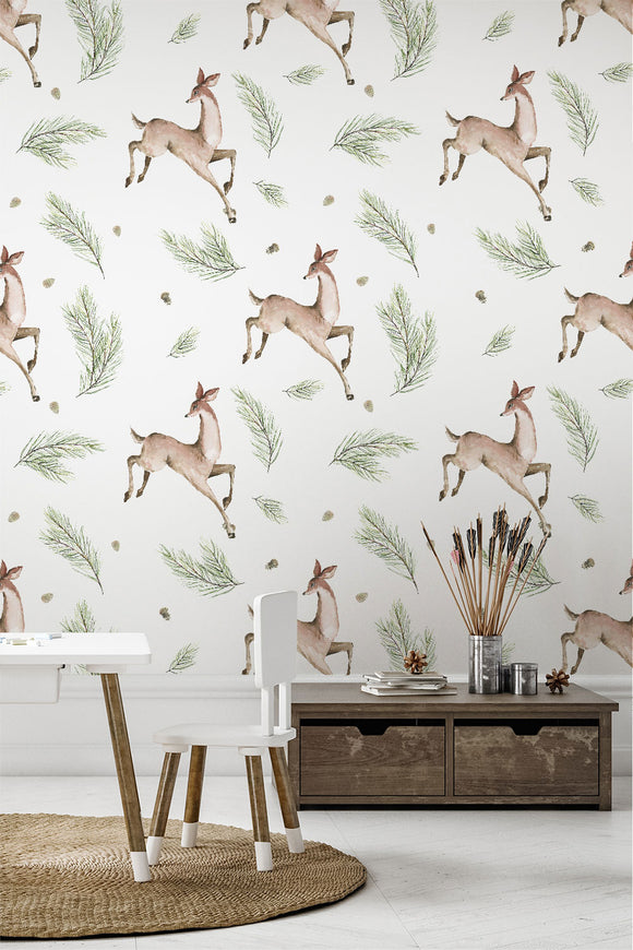 Little Deer Pine Branch Repeat Pattern Wallpaper