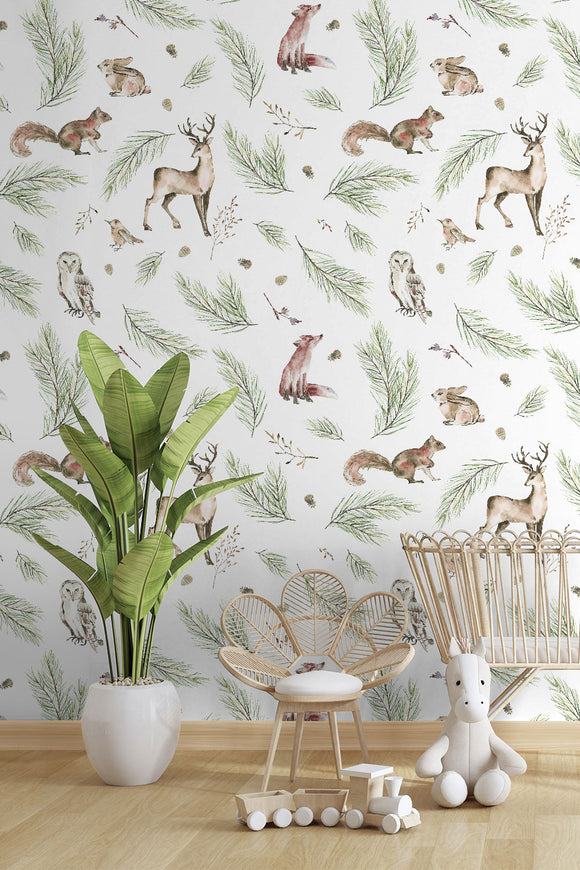 Woodland With Animals Repeat Pattern Wallpaper