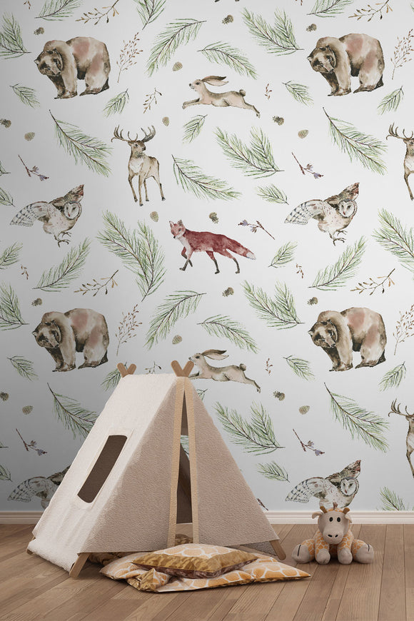 Bear, Deer, Owl, Fox & Bunny Repeat Pattern Wallpaper