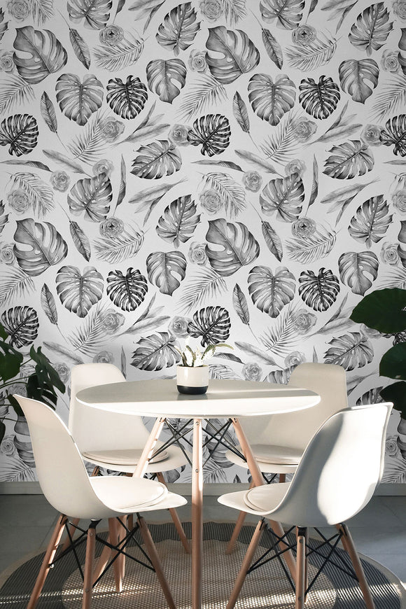 Black & White Tropics Leaves Wallpaper