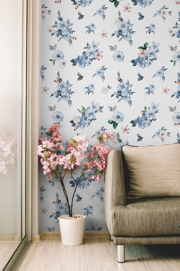 Blue & Cream Florals Wallpaper