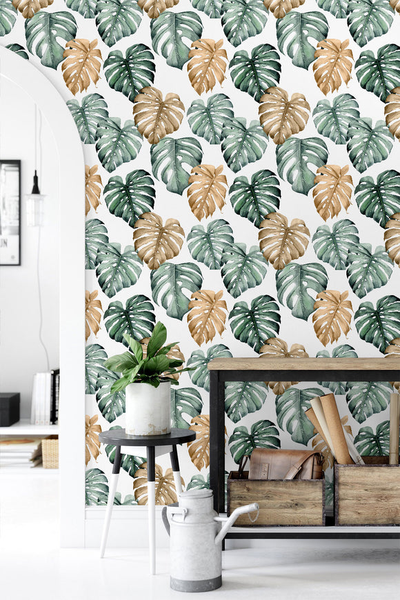 Green & Brown Tropical Leaves Wallpaper