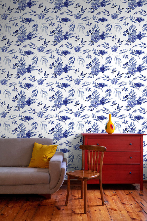 Navy Blue Wild Florals Wallpaper