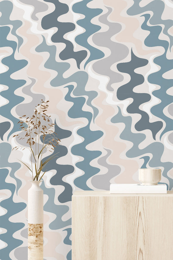 Liquid Swirl Abstract in Neutral Blue Grey Wallpaper