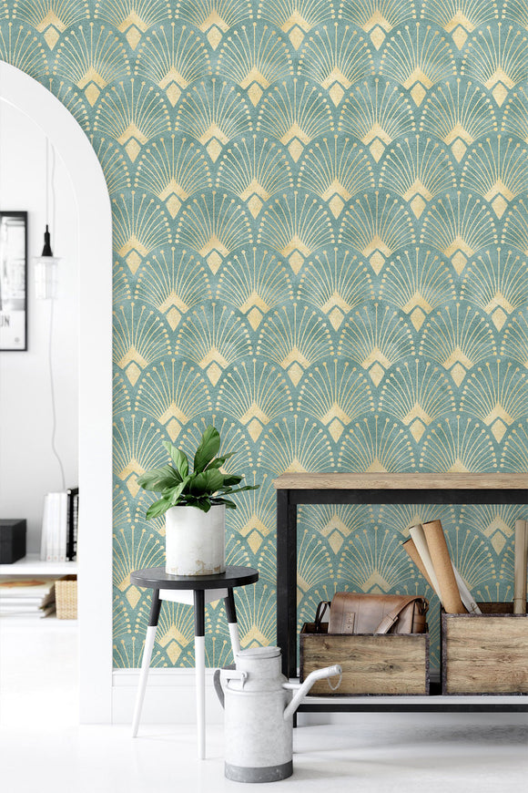 Blue & Yellow Art Deco Wallpaper