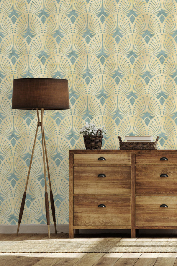 Yellow & Blue Art Deco Wallpaper