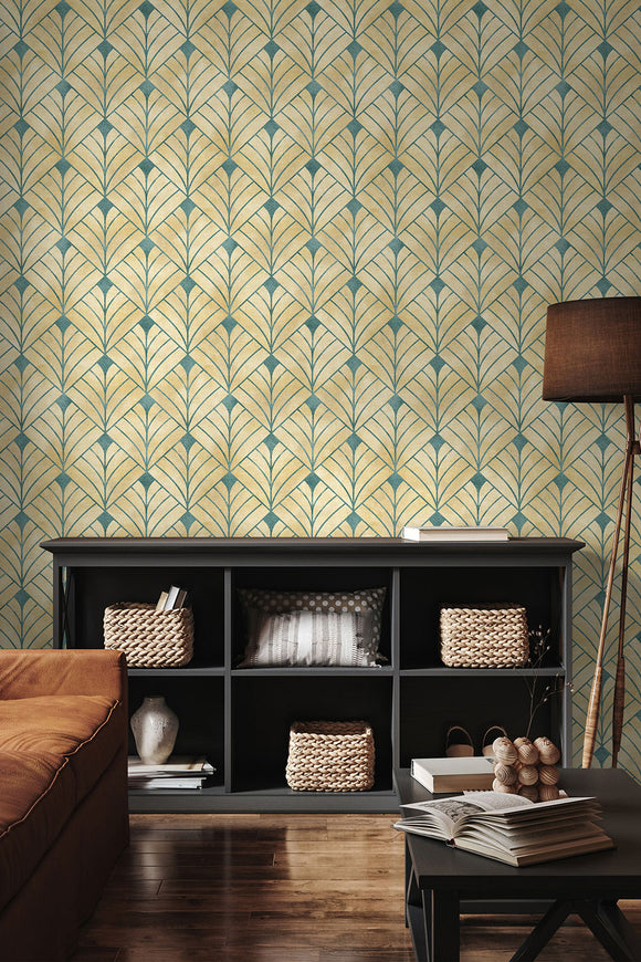 Art Deco Yellow & Blue Squares Wallpaper