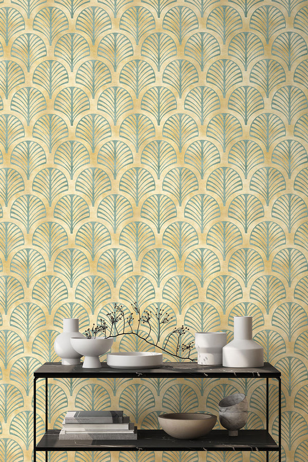 Yellow Art Deco Leaves Wallpaper