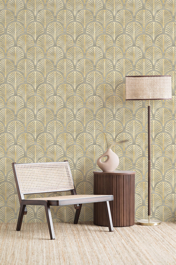 Beige Art Deco Leaves Wallpaper