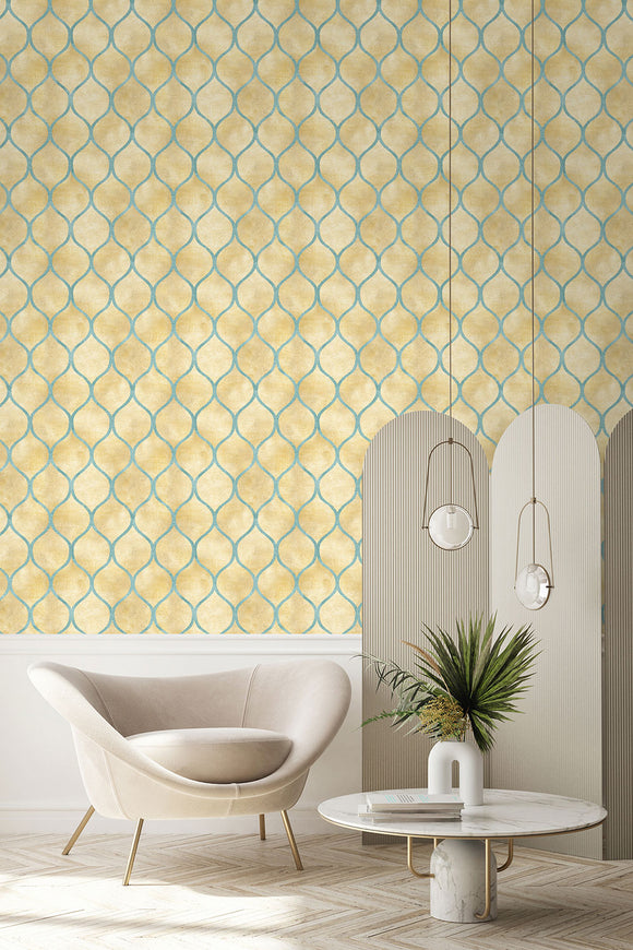 Elegant Yellow Wave Lines Art Deco Wallpaper