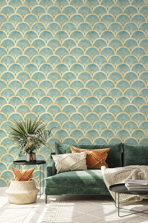 Luxury Geometric Blue & Yellow Art Deco Wallpaper