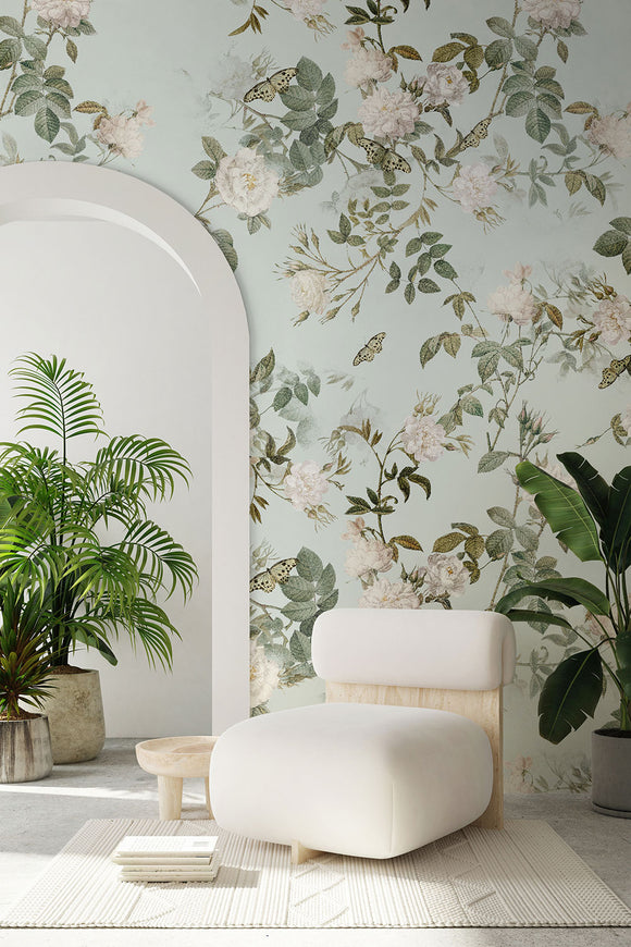 Luxury Pastel Mint Floral Wallpaper