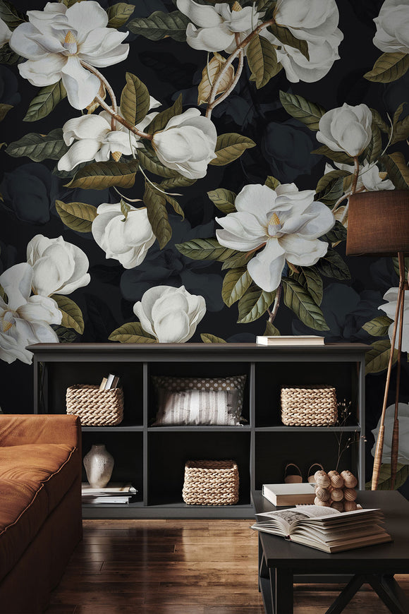 Dark Magnolia Floral Wallpaper