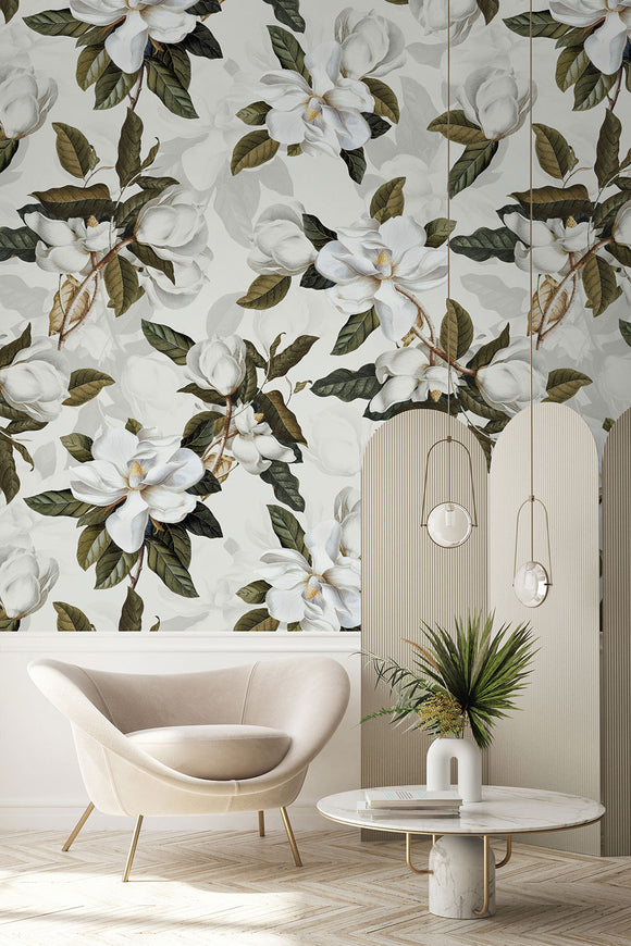 White Magnolia Floral Wallpaper