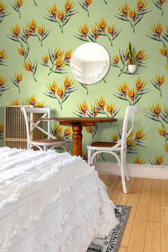 Strelitzia Tropical Flower on Green Wallpaper