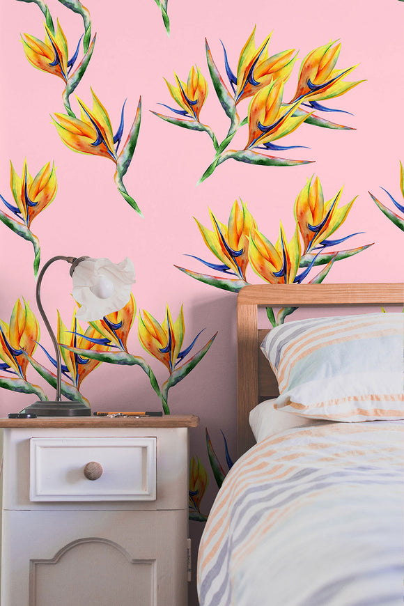 Strelitzia Tropical Flower on Pink Wallpaper