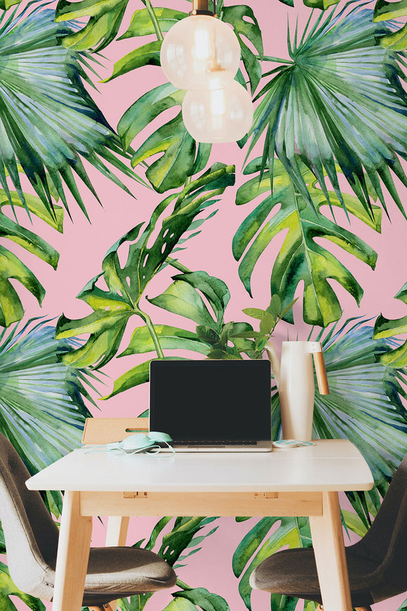 Watercolor Tropical Leaves on Pink Wallpaper