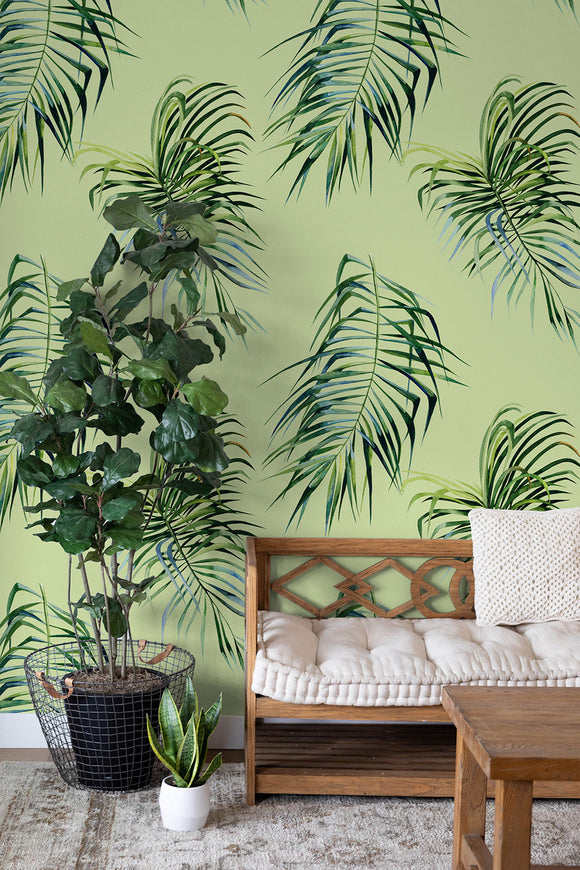 Watercolor Palm Leaves on Green Wallpaper