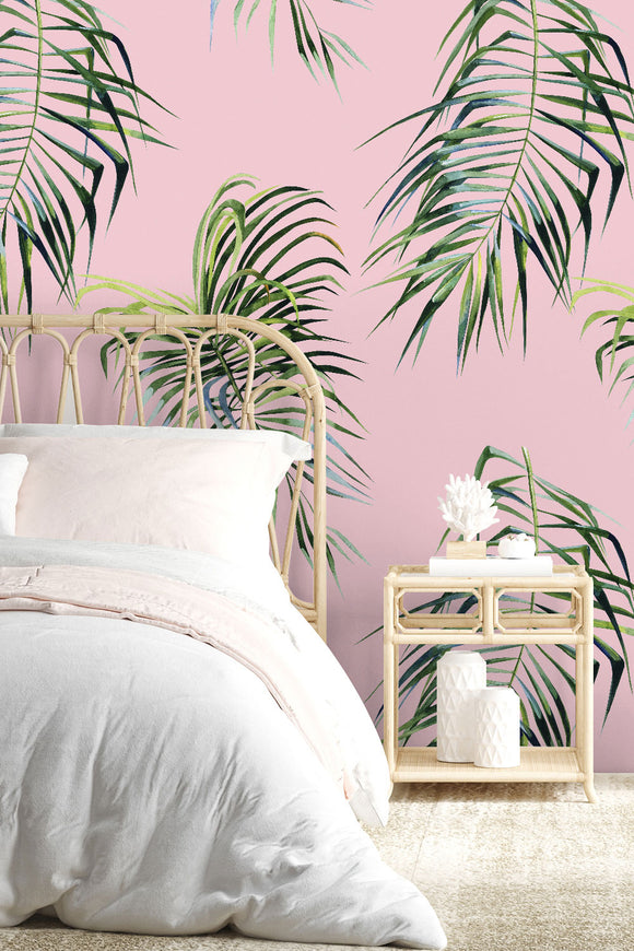 Watercolor Palm Leaves on Pink Wallpaper