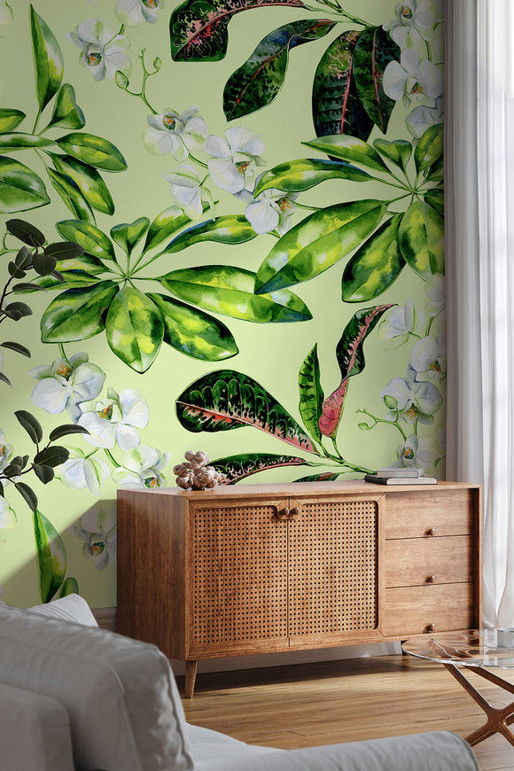 Tropical Plants on Green Wallpaper
