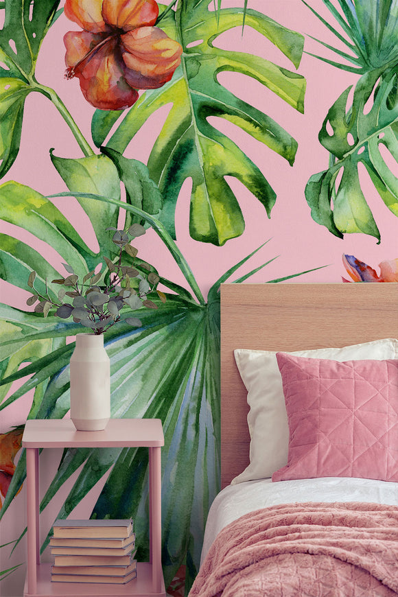 Dense Jungle Leaves With Flowers on Pink Wallpaper