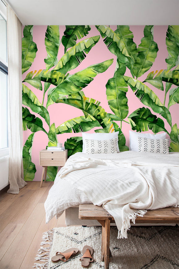 Dense Banana Leaves on Pink Wallpaper