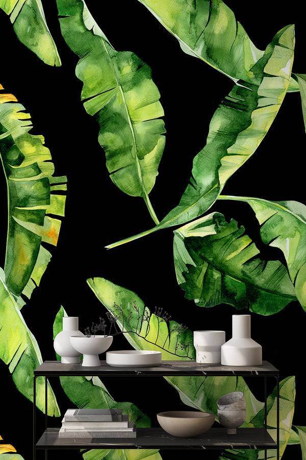 Banana Leaves on Black Wallpaper