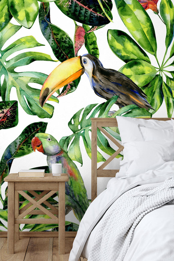 Parrots & Tropical Leaves Wallpaper