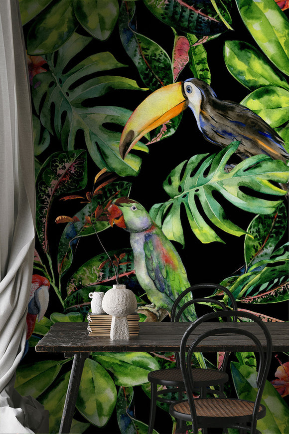 Parrots & Tropical Leaves on Black Wallpaper